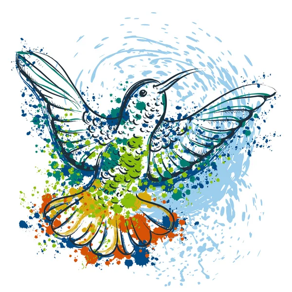 Hummingbird with abstract splashes in watercolor style. Vintage colorful hand drawn vector illustration. Design concept for banner, card, scrap booking, t-shirt, bag, print, poster. — Stock Vector