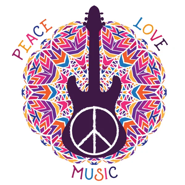Hippi barış sembolü. Barış, aşk, müzik işareti ve gitar süslü renkli mandala arka plan üzerinde. Afiş, kart, hurda rezervasyon, t-shirt, çanta, baskı, poster için tasarım konsepti. Vektör çizimi
