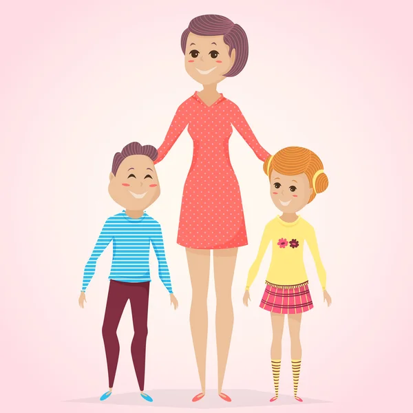 Cartão feliz do Dia da Mãe. Mãe com filho e filha em estilo cartoon. Ilustração vetorial — Vetor de Stock