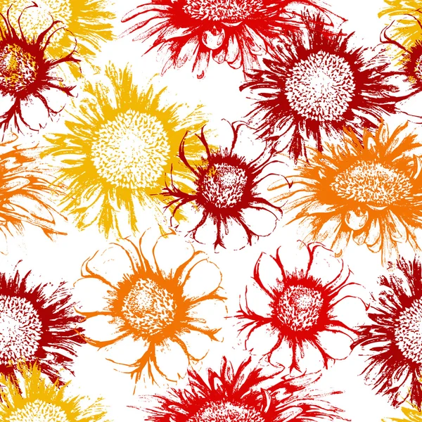 Pola mulus dengan Gerbera aster bunga tinta gaya melukis. Ilustrasi vektor gambar tangan antik - Stok Vektor