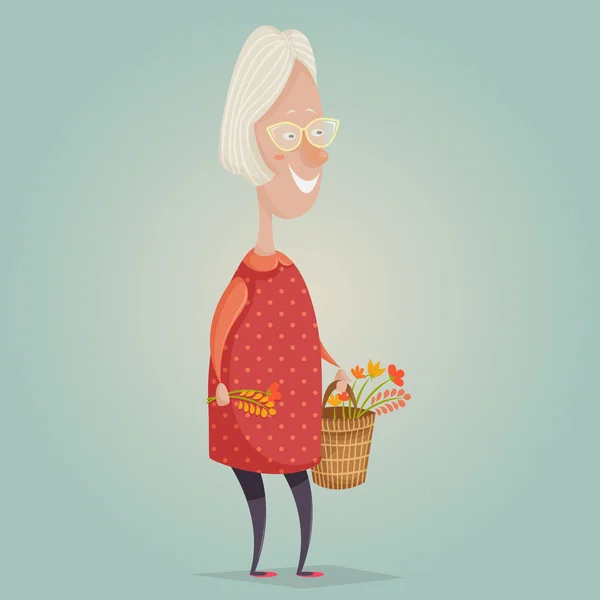 Personaje de dibujos animados de anciana. Feliz abuela con cesta y flores. Feliz cartel del día de los abuelos. Ilustración vectorial — Archivo Imágenes Vectoriales