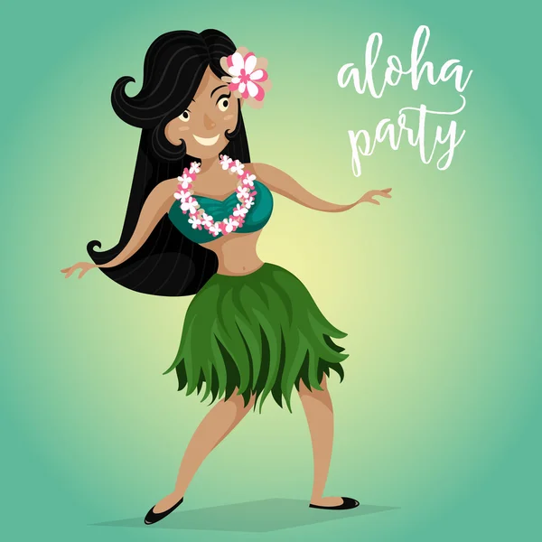 Hawaii-Aloha-Party mit hawaiianischem Hula-Tanzmädchen. Zeichentrickvektorillustration. Designkonzept für Flyer, Plakat oder Grußkarte — Stockvektor