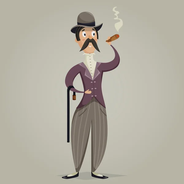 Gentlemannen med cigarr och stick. Rolig seriefigur. Vektor illustration i retrostil — Stock vektor