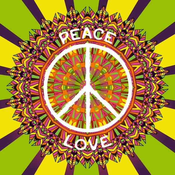 Hippie peace symbol. Peace and love sign on ornate colorful mandala background. Design concept for banner, card, scrap booking, t-shirt, bag, print, poster. Retro hand drawn vector illustration Royalty Free Stock Illustrations