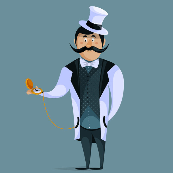 Gentleman with pocket watch on chain. Funny cartoon character. Vector illustration in retro style