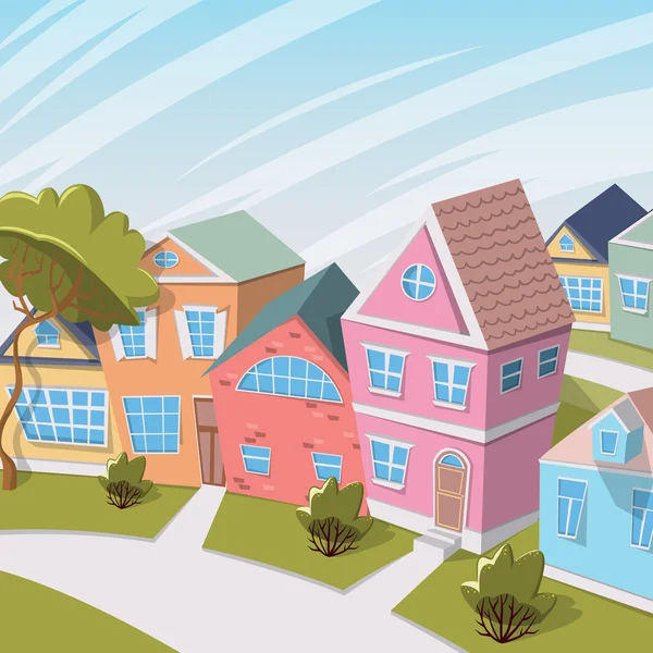 Paisaje urbano con casas y árboles. Dibujos animados vector ilustración — Vector de stock