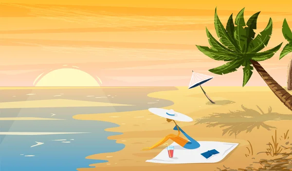 Mulher na praia Paisagem tropical do pôr do sol com palmeiras e guarda-chuvas. — Vetor de Stock