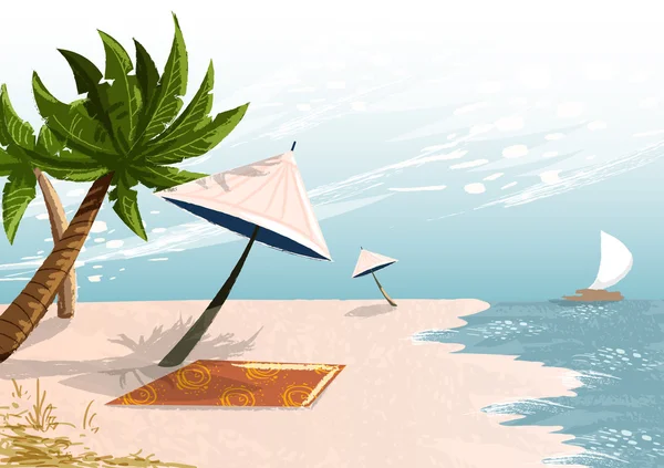 Paisagem de praia tropical com palmeiras e guarda-chuvas. — Vetor de Stock