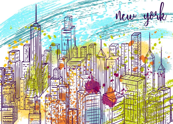 New York. Vintage colorful hand drawn city landscape and splashes in watercolor style. Vector illustration Stock Illustration