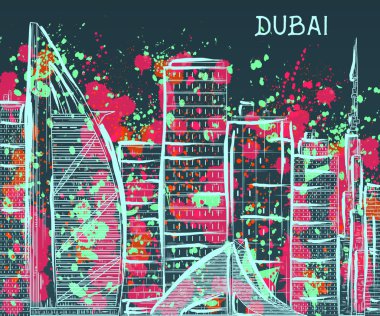 Dubai. Cityscape suluboya tarzında soyut sıçraması ile. Vintage vektör çizim