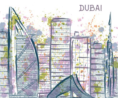 Dubai. Soyut cityscape sıçramalarına suluboya tarzı ile. Vintage vektör çizim