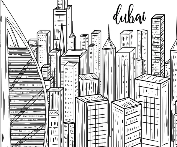 Dubai. Paesaggio urbano in bianco e nero in linea con lo stile artistico. Illustrazione vettoriale vintage — Vettoriale Stock