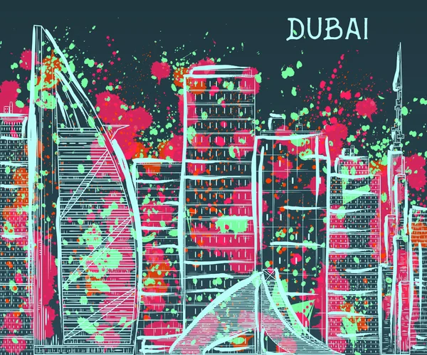 Dubai. Paisaje urbano con salpicaduras abstractas en estilo acuarela. Ilustración de vector Vintage — Vector de stock