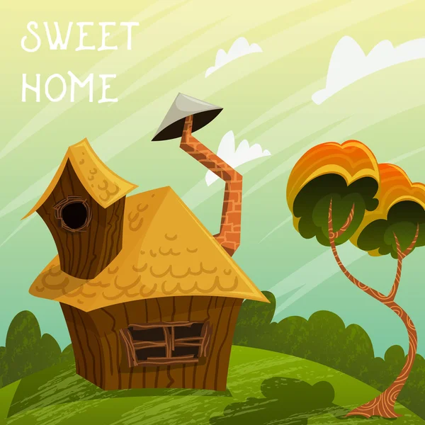 Poster vintage doce lar. Paisagem de verão com pequena casa e árvore. Desenhos animados ilustração vetorial — Vetor de Stock