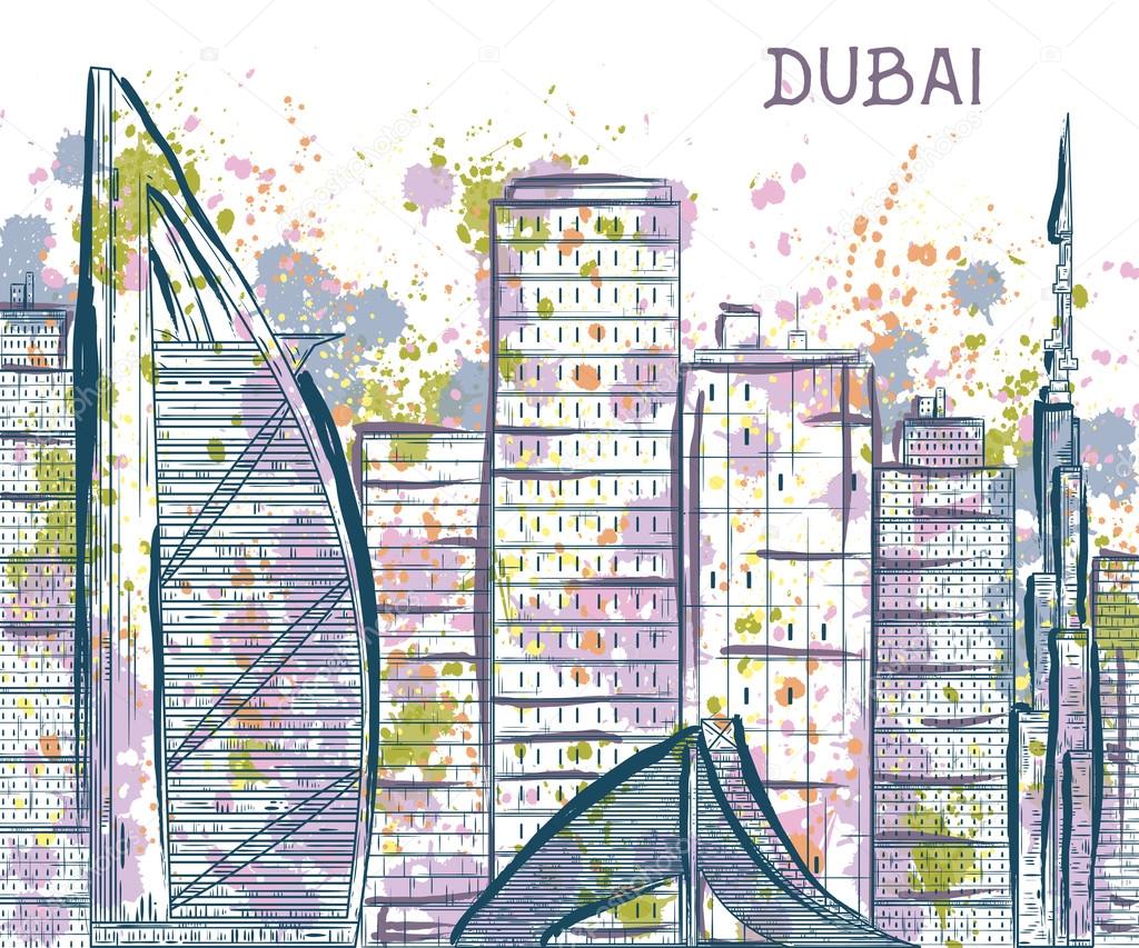 Dubai. Abstract cityscape with splashes in watercolor style. Vintage