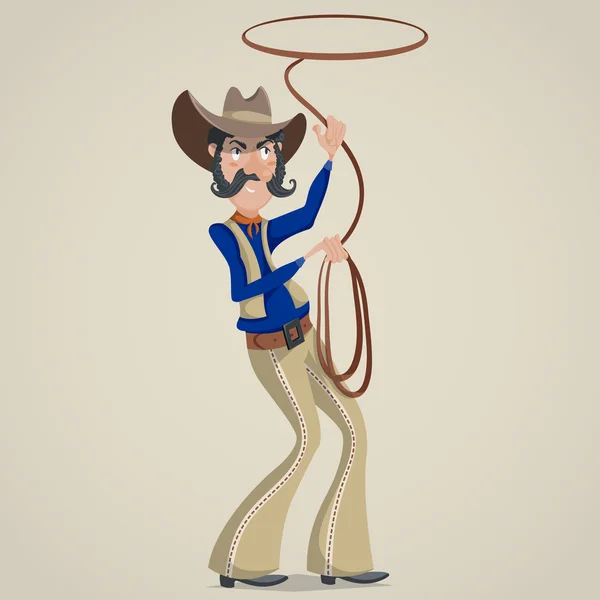 Vaquero con lazo. Divertido personaje de dibujos animados. Ilustración vectorial en estilo retro — Vector de stock