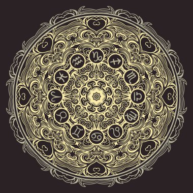 Astroloji ile süslü mandala ve zodyak daire siyah arka plan üzerine imzalar. Vintage elle çizilmiş vektör çizim