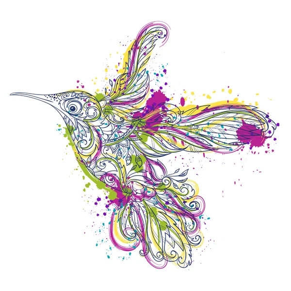 Hummingbird con ornamento floreale e spruzzi astratti in stile acquerello. Arte del tatuaggio. Bandiera retrò, invito, biglietto, prenotazione rottami. t-shirt, borsa, cartolina, poster. Illustrazione vettoriale — Vettoriale Stock