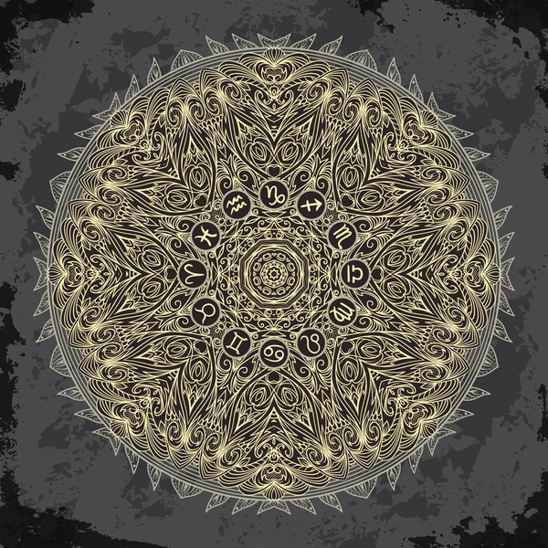 Mandala adornado y círculo del zodíaco con signos de horóscopo sobre fondo grunge oscuro. Vintage ilustración vectorial dibujado a mano — Vector de stock