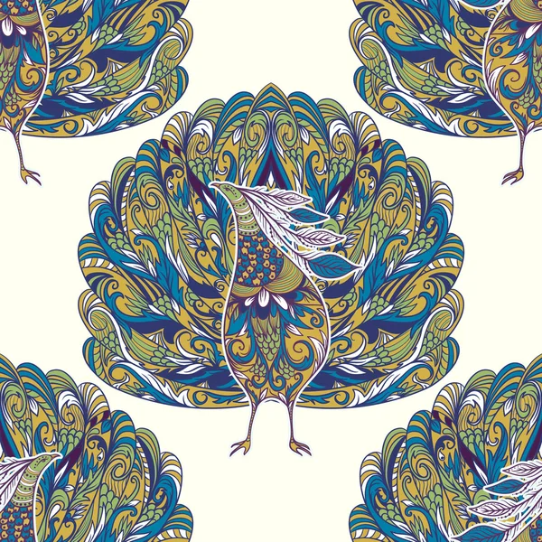 Nahtloses Muster mit Pfau. Vintage Fantasie Vogel mit floralem Ornament. bunte handgezeichnete Vektor-Illustration. — Stockvektor