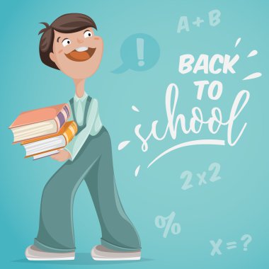 Okula dönüş. Kitaplar okul çocuğu. Komik çizgi film karakteri. Vektör çizim