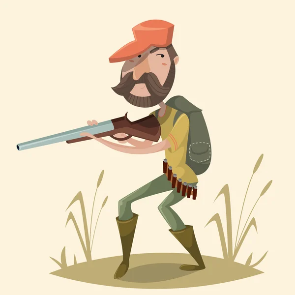 Caçador com arma e mochila. Personagem de desenho animado engraçado. Ilustração vetorial em estilo retro — Vetor de Stock