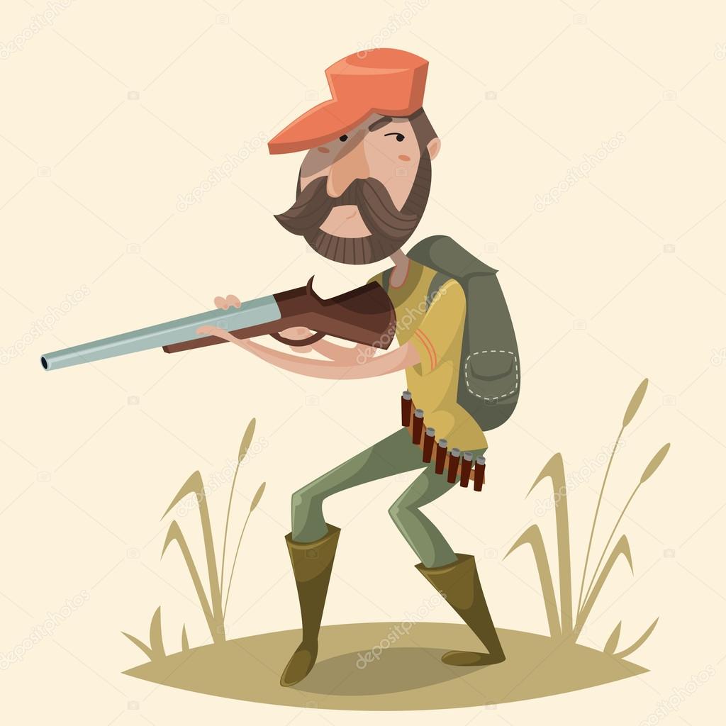 Hunter with gun and backpack. Funny cartoon character. Vector illustration  in retro style Stock Vector Image by ©kateja #111914030