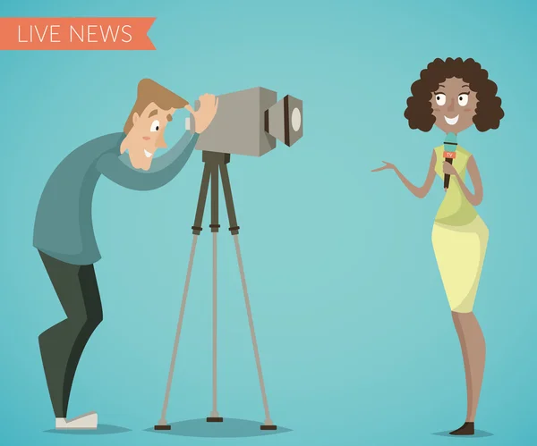 Giornalista donna e cameraman. Personaggi dei cartoni animati. Notizie in diretta, reportage, concept di interviste. Illustrazione vettoriale — Vettoriale Stock