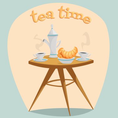 Çay saati. Bir su ısıtıcısı, bardak ve kruvasanlar içeren tablo. Çizgi film vektör çizim retro tarzı