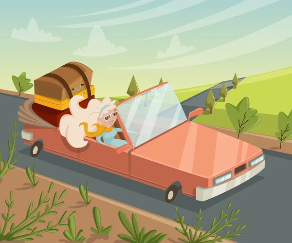Mujer viajando en coche. Divertido personaje de dibujos animados. Ilustración vectorial en estilo retro — Vector de stock