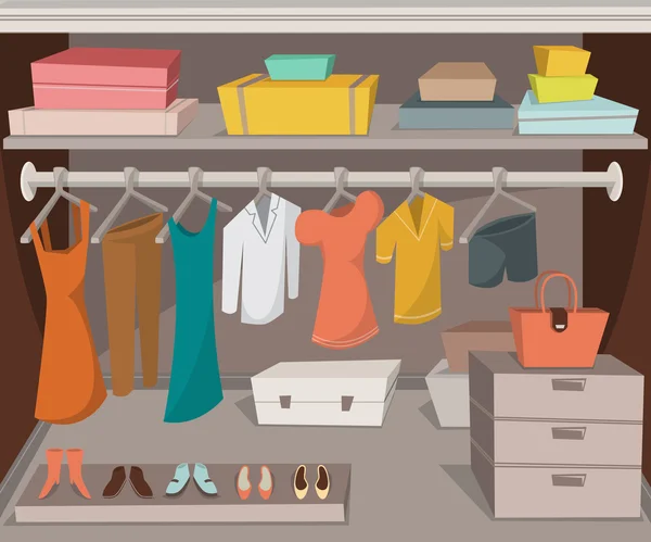 Kledingkast kamer met kleding, schoenen en dozen. Cartoon vectorillustratie — Stockvector