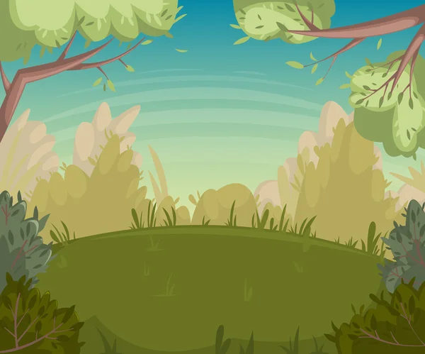 Летний пейзаж. Лесозаготовки с деревьями и кустами. Мультфильм-векторная иллюстрация — стоковый вектор