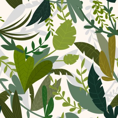 Yaz tropikal orman arka plan ile palmiye ağaçları ve bırakır. Seamless modeli. Çizgi film vektör çizim