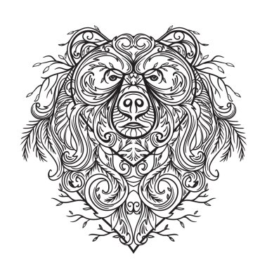 Soyut çiçek süsleme ile ayı. Dövme sanatı. Retro afiş, kartı, hurda rezervasyon, t-shirt, çanta, kartpostal, poster. Son derece detaylı vintage elle çizilmiş vektör çizim