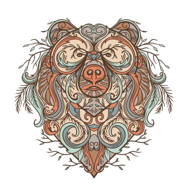 Soyut çiçek süsleme ile ayı. Dövme sanat boho tarzı. Retro afiş, kartı, hurda rezervasyon, t-shirt, çanta, kartpostal, poster. Son derece detaylı vintage elle çizilmiş vektör çizim