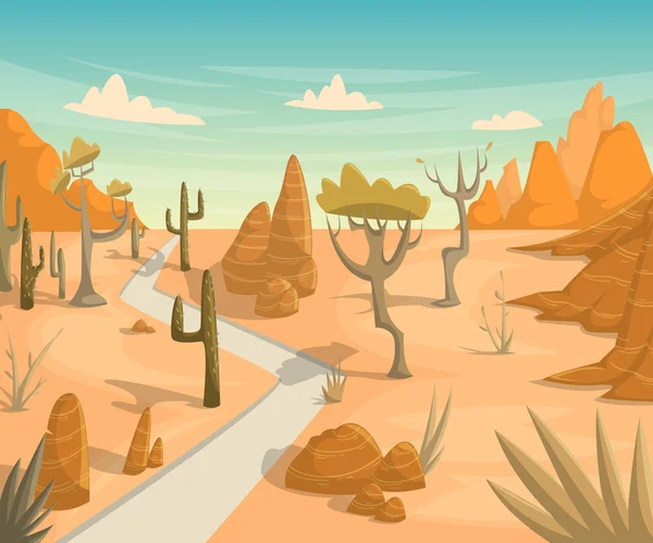 Paisaje desértico con carretera, cactus, montañas y árboles. Ilustración vectorial en estilo de dibujos animados — Vector de stock