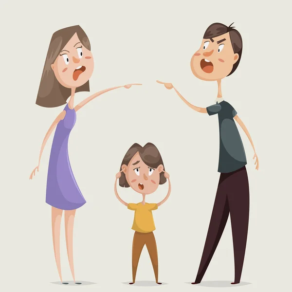 Divorce. Family conflict. Couple man and woman swear and child close his ears. Cartoon characters. Vector illustration — Stock Vector