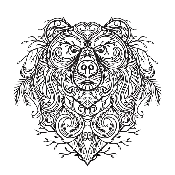 Oso con adorno floral abstracto. Arte del tatuaje. Banner retro, tarjeta, reserva de chatarra, camiseta, bolso, postal, póster. ilustración vectorial dibujado a mano vintage altamente detallado — Vector de stock