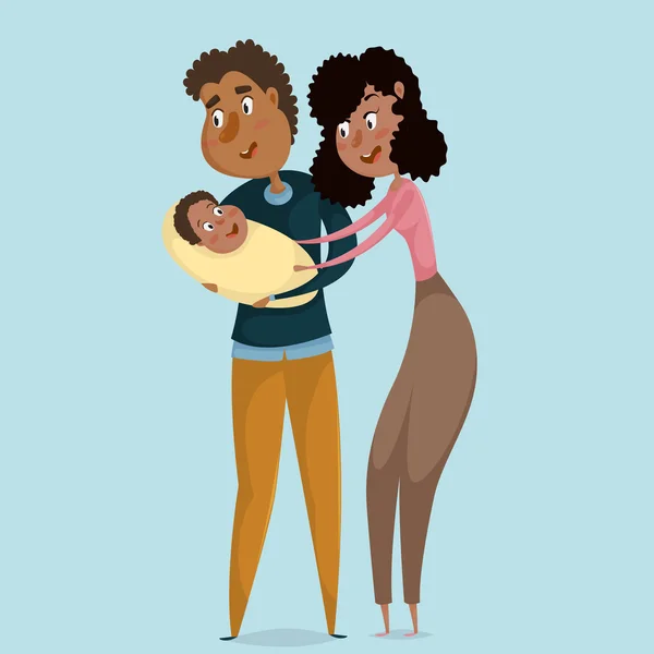Pais afro-americanos felizes com o bebé. Personagens engraçados de desenhos animados. Ilustração vetorial —  Vetores de Stock