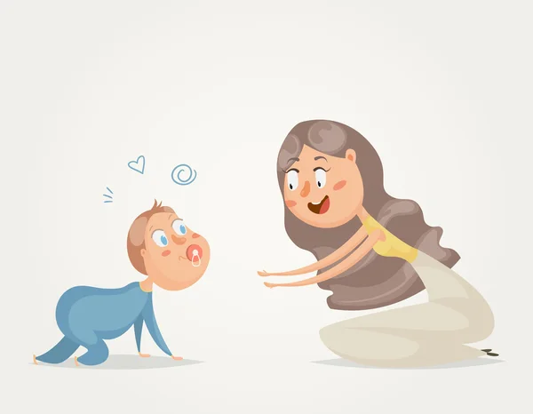 Ibu dengan bayi. Karakter kartun yang lucu. Ilustrasi vektor - Stok Vektor
