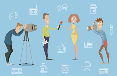 Kitle iletişim araçları konsept tasarımı, canlı haber tv yayını muhabir, kameraman, fotoğrafçı. Çizgi film karakterleri. Vektör çizim