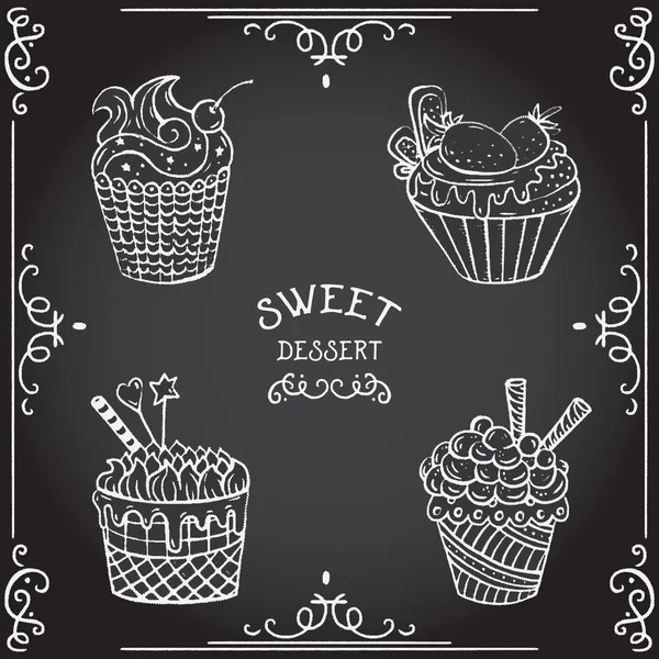 Collection de cupcakes vintage. Illustration vectorielle dessinée à la main — Image vectorielle
