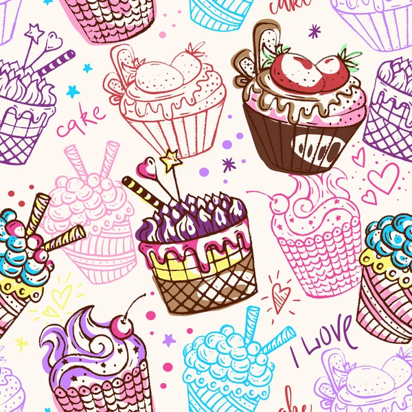 Vintage seamless pattern with cakes. Hand drawn vector illustration — Stock Vector