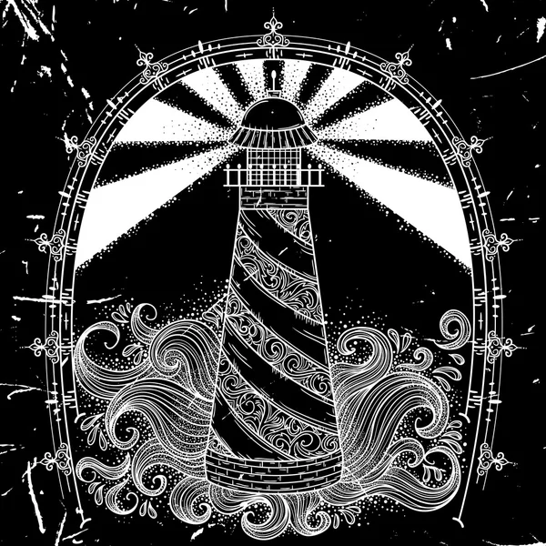 Phare avec vagues abstraites sur fond grunge noir. Illustration vectorielle vintage dessinée à la main — Image vectorielle