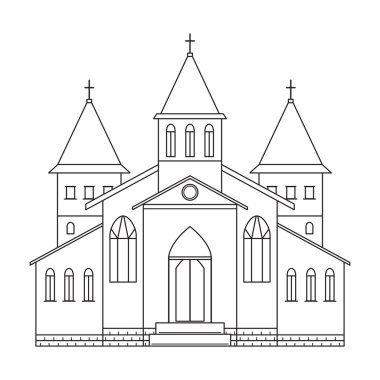 Kilise binası. Çizgi sanatı stili. Siyah ve beyaz vektör çizim