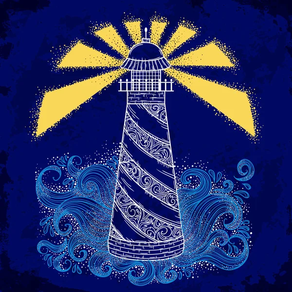 グランジ背景に抽象的な波と灯台。ヴィンテージ手描きのベクトル図 — ストックベクタ