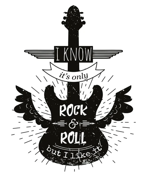 Typografie-Plakat mit Silhouette von Gitarre und Flügeln. Ich weiß, es ist nur Rock 'n "Roll, aber ich mag es. Inspirierendes Zitat.Konzeptdesign für T-Shirt, Print, Card.Vintage Vector Illustration — Stockvektor