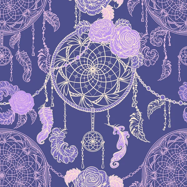 Seamless pattern with dream catcher, roses, leaves and feathers. Colorful hand drawn vector illustration in boho style. Design concept for retro banner, card, scrap booking, t-shirt, print, poster. — Stock Vector