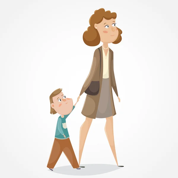 Mãe e filho andando e de mãos dadas. Personagens engraçados de desenhos animados. Ilustração vetorial — Vetor de Stock