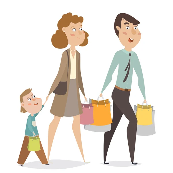 Família feliz com sacos de compras. Personagens engraçados de desenhos animados. Ilustração vetorial —  Vetores de Stock